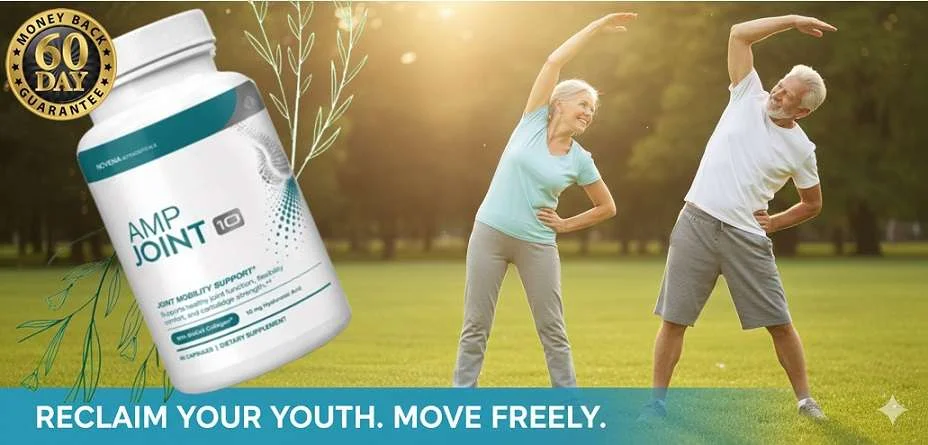 Active older couple stretching outdoors, representing the AMP Joint 10 active lifestyle