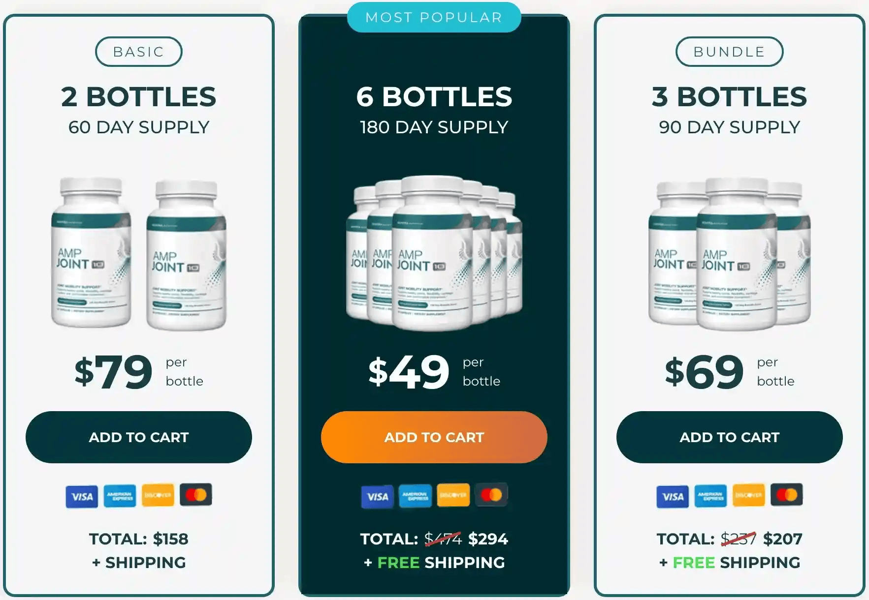 AMP Joint 10 pricing table showing 2, 3, and 6 bottle packages
