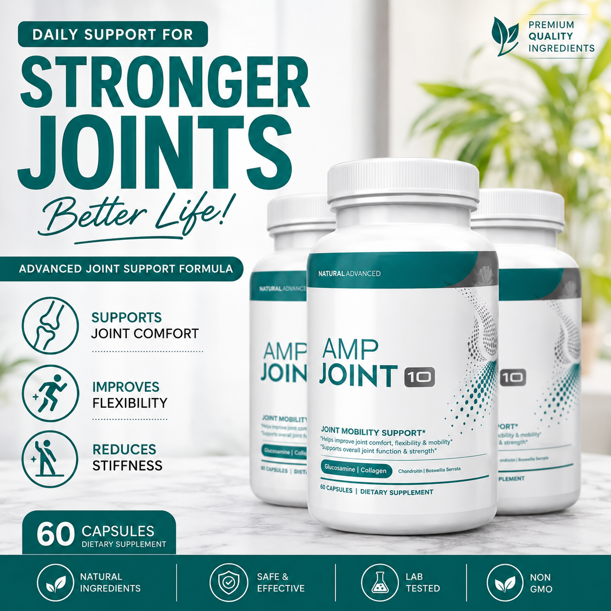 AMP Joint 10 advanced joint support formula, supports joint comfort, flexibility and reduces stiffness
